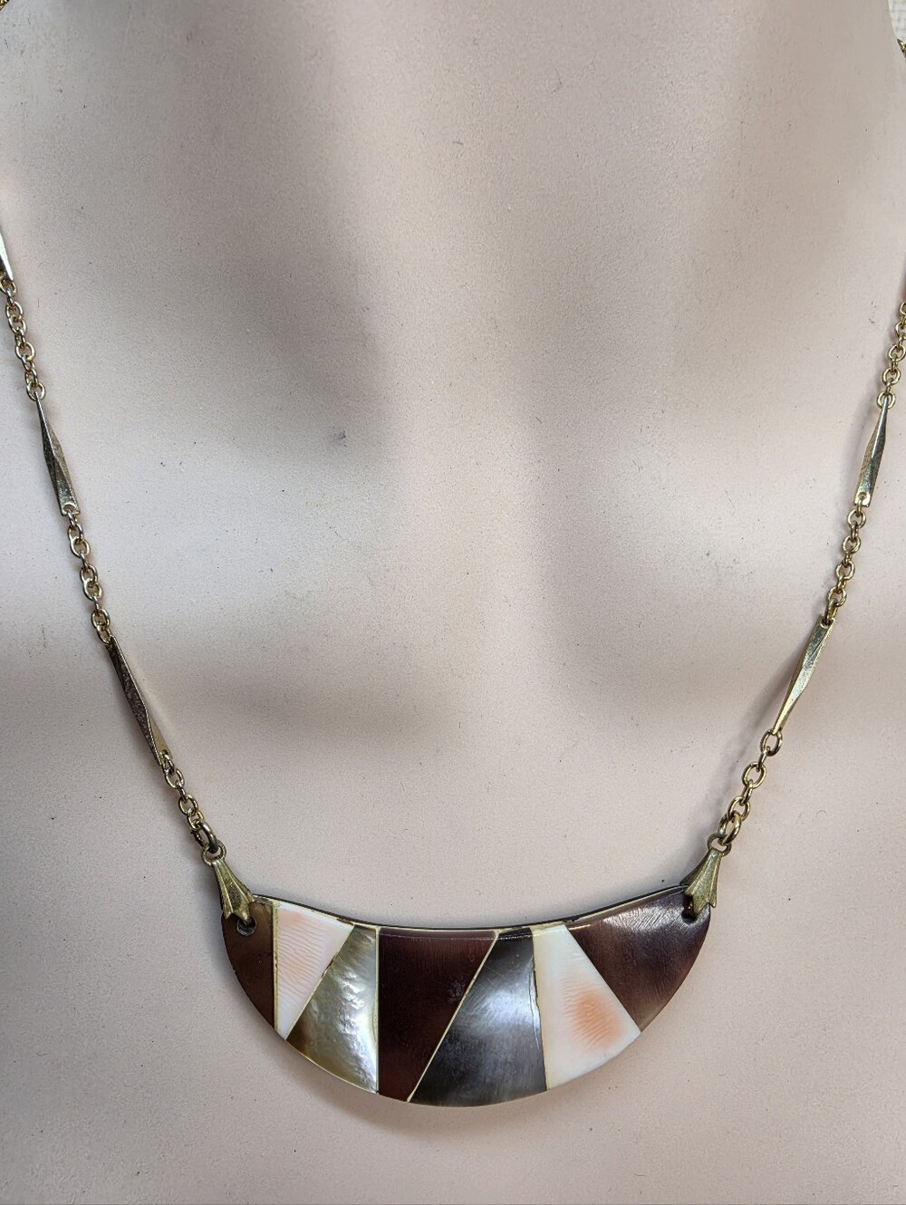 Vintage Hobe Shell Inlay Crescent Necklace 16" Gold Tone MCM Boho